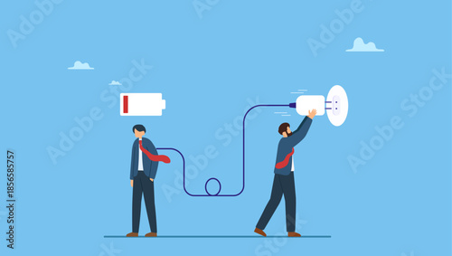 Businessman manager holding huge electric plug to recharge low battery exhausted businessman worker. Recharge energy to exhausted fatigue office employee, refresh from overworked or burn out.