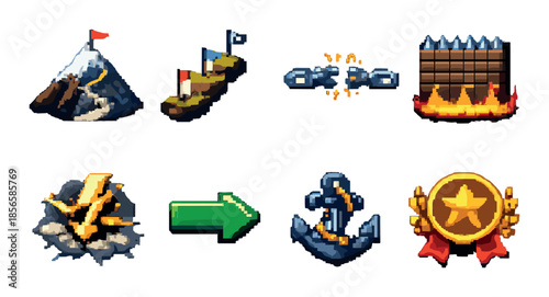 Retro-style pixel art game icons featuring mountains, achievements, and animations