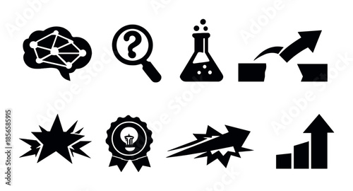 Dark icon set: network, search, chemistry, growth, explosion, award, speed, progress