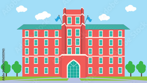 Flat vector illustration of a grand academic building featuring a central tower, blue flags, and arched entrance. Ideal for university campus, education, and school-themed projects