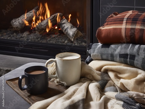 Indoor scene with a crackling fireplace, warm drink, and cozy sweaters
