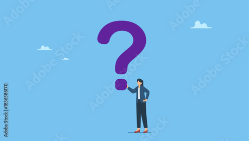 Smart businesswoman holding big question mark and think about solutions. Business question, doubt, problem solving or ideas and creativity to answer and survive uncertainty.