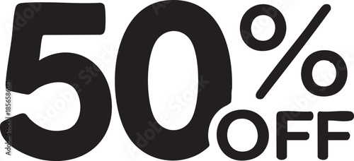 Bold black 50 percent off sale sign graphic element for retail promotions and advertising isolated on white