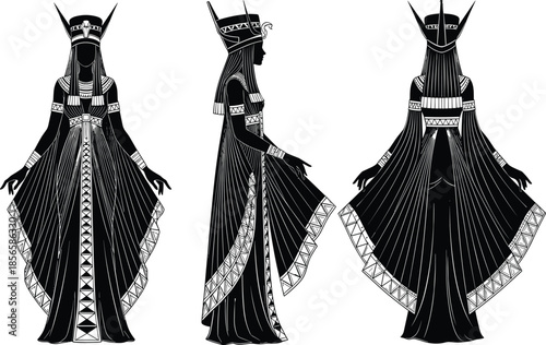 Ancient Egyptian goddess silhouette in front side back views, black vector illustration of royal female deity, mythology inspired ceremonial costume design