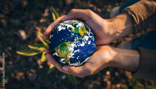 Close Up Of Two Hands Cupping The Earth Globe Symbolizing Global Care And Environmental Protection With Green Plant Growing In The Background