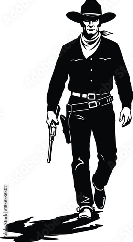 Black and white western cowboy gunslinger silhouette walking forward isolated on white background illustrating classic Wild West character design concept artwork
