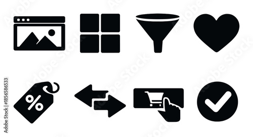 Set of black ecommerce icons: gallery, filters, heart, tag, arrows, cart, check