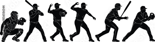 Black silhouette of a sequence of six baseball players in action, including a catcher, batter, pitcher, fielder, and first baseman, isolated on a white background.