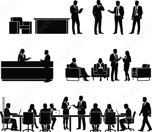 Business meeting silhouettes set isolated on white background, corporate office teamwork discussion conference negotiation leadership scenes illustration