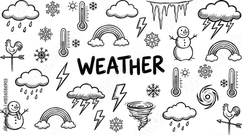 Hand drawn weather doodle icons isolated on white background with clouds rain snow sun storm rainbow climate symbols education design poster