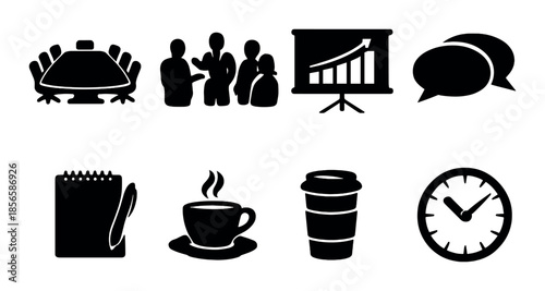 Black silhouettes of office and communication icons on dark background