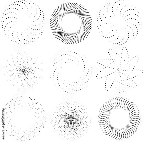 Abstract spiral patterns composed of dots in various formations and arrangements