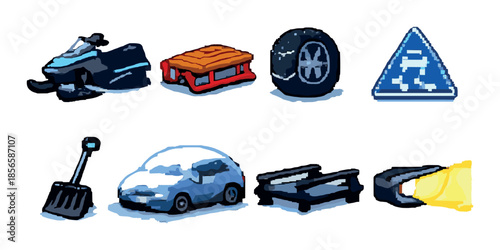 Winter equipment icons: snowmobile, sled, tire, sign, shovel, car, railing, flashlight