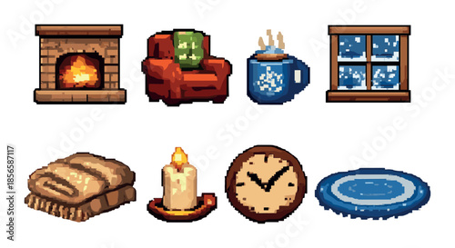 Cozy pixel art collection with fireplace, armchair, hot cocoa, window, blanket, candle, clock, and plate