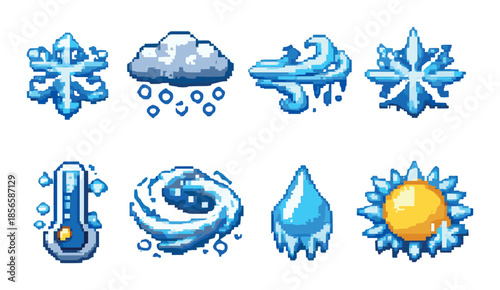 Pixel art weather icons: snowflake cloud wind sun and more