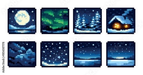 Pixel art winter night scenes: moonlight, auroras, snowy trees, cozy cabin