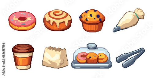 Pixel art bakery treats with donuts, muffins, coffee, and pastry bag