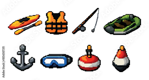 Pixel art water sports equipment: kayak, life vest, fishing rod, and more