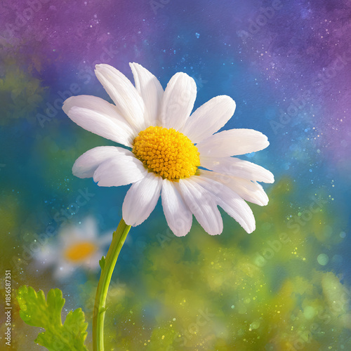 A beautiful daisy against a vibrant,dreamy background.