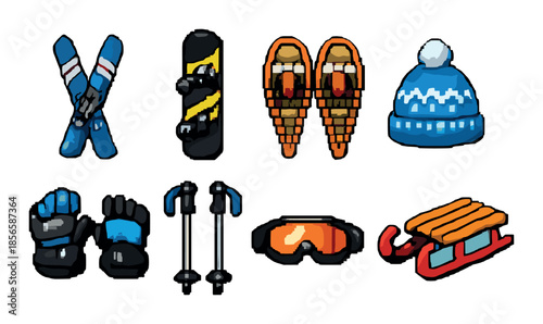 Winter sports equipment icons: skis, snowboard, snowshoes, hat, gloves, poles, goggles, sled