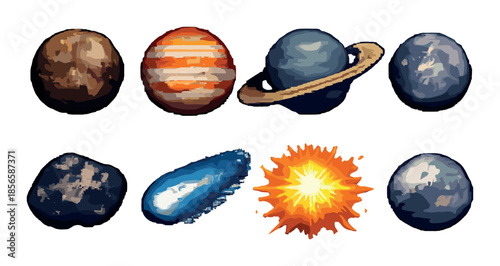 Colorful depiction of planets and celestial objects in space