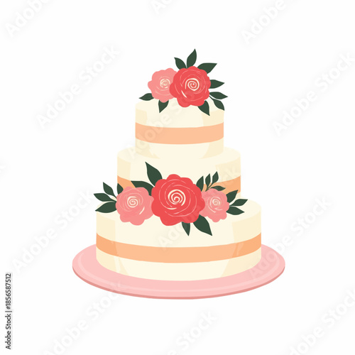 Three-tier wedding cake with fresh peonies decorations on pink plate  