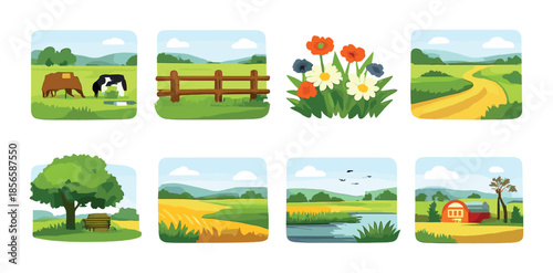 Colorful rural landscape scenes with cows, flowers, fields, and barn