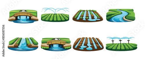 Set of cartoon icons illustrating various irrigation methods for farmland