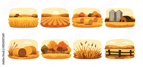 Autumn farm landscapes with fields, hay bales, and silos in warm light
