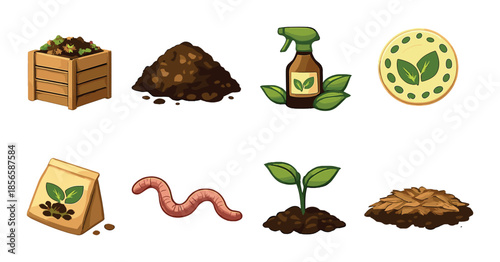 Sustainable gardening: compost, seedlings, worms, mulch, and organic fertilizer icons