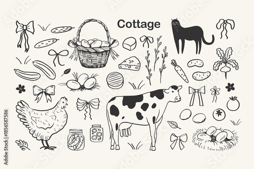 Village life. Farm produce. Sketch with cow, vegetables, cat, chicken, eggs, bows, and homemade preserves. Illustration for Easter, social media, design, card for local market. Hand drawn food doodle