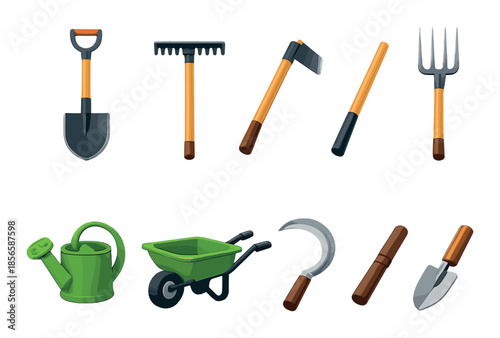 Essential gardening tools collection on gradient background with watering can and wheelbarrow
