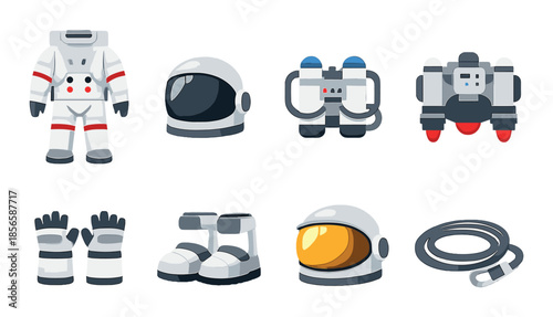Cartoon space gear set with helmet, suit, and jetpack