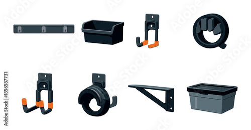 Assorted garage storage solutions on gray wall: hooks, bins, and racks