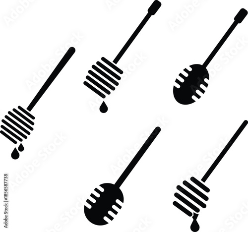Honey dipper stick flat icon set. Wooden honey spoon dripping symbols, sweet syrup nectar tool, vectors illustration for food kitchen designs elements. Modern skincare and beauty treatment honey comb.