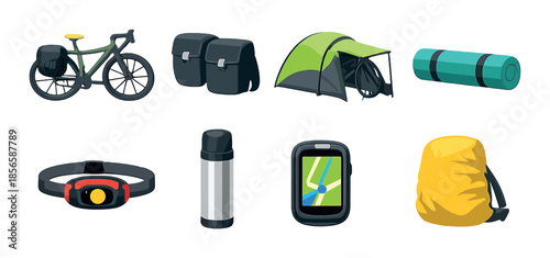 Outdoor adventure gear collection featuring bike, tent, and backpack