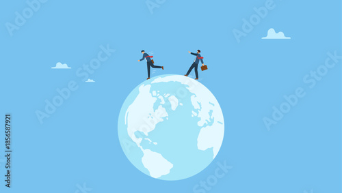 Businessman compete by running away and catch each other on the world, planet earth. Global business competitor, innovation that change the agile world, international working abroad.
