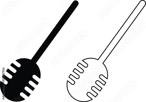 Honey dipper stick flat, outline icon set. Wooden honey spoon dripping symbols, sweet syrup nectar tool, vectors illustration for food kitchen designs. Modern skincare and beauty treatment honey comb.