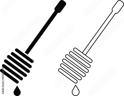 Honey dipper stick flat, outline icon set. Wooden honey spoon dripping symbols, sweet syrup nectar tool, vectors illustration for food kitchen designs. Modern skincare and beauty treatment honey comb.