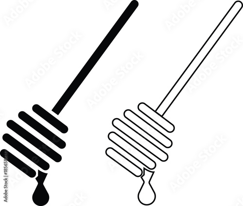 Honey dipper stick flat, outline icon set. Wooden honey spoon dripping symbols, sweet syrup nectar tool, vectors illustration for food kitchen designs. Modern skincare and beauty treatment honey comb.