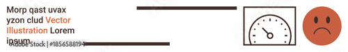 Performance analysis, productivity evaluation, quality check, business metrics, feedback, sentiment analysis. Speedometer next to a sad face icon. Performance analysis and productivity evaluation