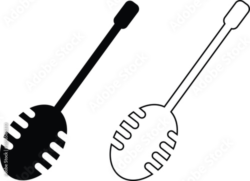 Honey dipper stick flat, outline icon set. Wooden honey spoon dripping symbols, sweet syrup nectar tool, vectors illustration for food kitchen designs. Modern skincare and beauty treatment honey comb.