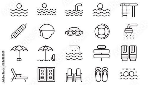 Swimming and Beach Leisure Icons in Clean Minimal Line Style