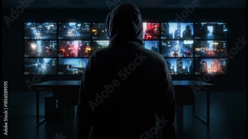 Enigmatic Figure Wearing Hood Scrutinizes Multiple Streams Of City Surveillance Footage For Strategic Purposes