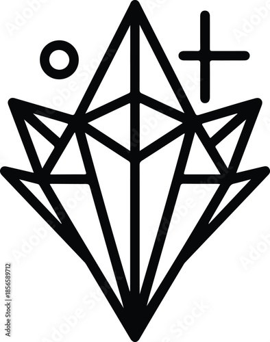 Minimalist geometric crystal diamond icon with celestial symbols.