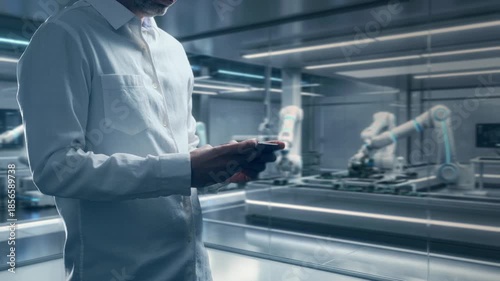 Experienced Technician Observes And Adjusts Collaborative Robots In Modern Factory Setting