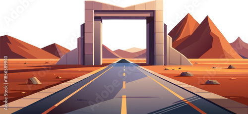 Scenic highway leading through a desert gateway with majestic mountains, perfect for travel ads, editorial features, and landscape designs with a unique flair