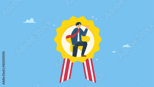 Confidence businessman in award winning medal thumbs up himself. Self promotion, encouragement and motivate yourself for positive thinking and achieve.