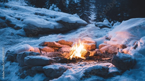 Outdoor Winter Campfire Surrounded by Snow-Covered Rocks
