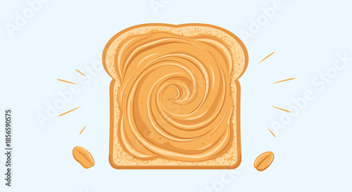 Sliced bread toasted to perfection and spread with a creamy swirl of peanut butter surrounded by whole nuts on a light background.